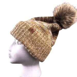 Frye Brown Beige Heathered Knit‎ Winter Pom Pom Hat Cute